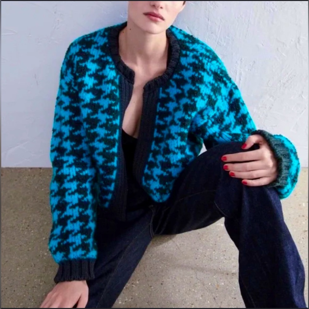 Zara Houndstooth Knit Crop Cardigan Blue Black Size S